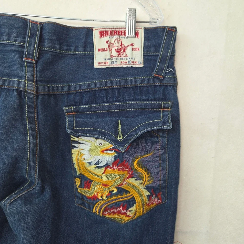 True Religion Joey Jeans Mens 40x34‎ Embroidered Dragon Distress Flare Y2K USA